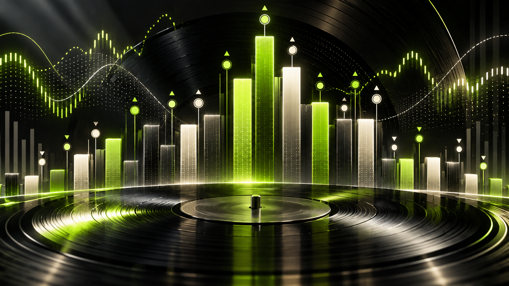 Abstract music chart with rising and falling bars above a vinyl record